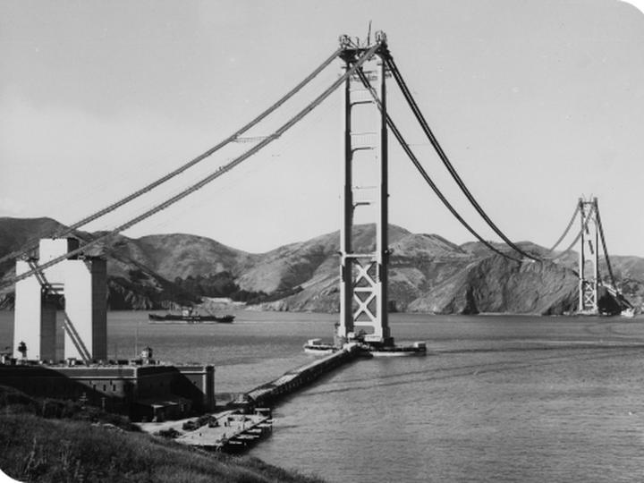 Golden Gate Bridge construction during 1930s led by Exchange Bank co-founder Frank Doyle.