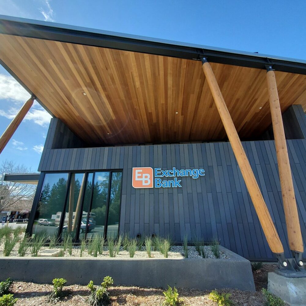 Exterior of Exchange Bank Sebastopol Branch, Sonoma County, featuring sustainable materials and water conscious landscaping.