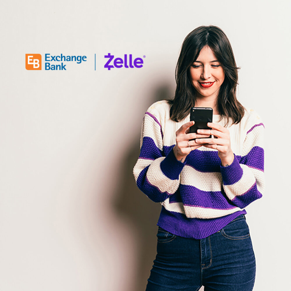 Exchange Bank customer accessing Zelle pay option on her phone.