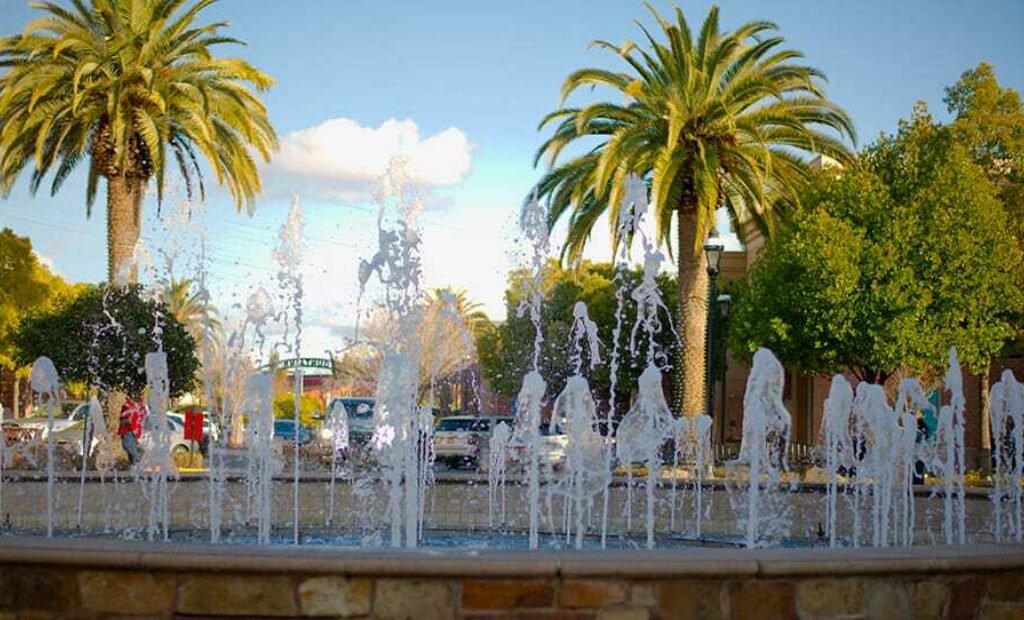 Large fountain with palm trees in Roseville near Exchange Bank location.