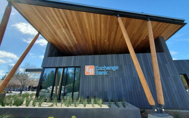 Exterior of Exchange Bank Sebastopol Branch, Sonoma County, featuring sustainable materials and water conscious landscaping.